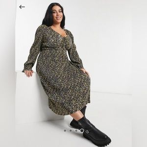 ASOS DESIGN Curve midi plisse v neck long sleeve dress in ditsy floral